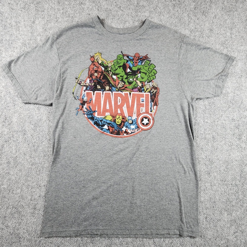 Marvel Comics Superheroes Graphic T-Shirt Mens Medium Heather Gray Avengers Tee
